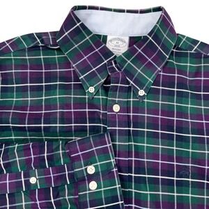 Brooks Brothers 1818 Shirt Mens Medium Green Purple Plaid Regent Preppy Stretch